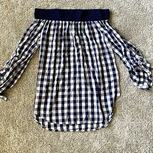 Love fire Off the shoulder blouse plaid blue and white tunic top size medium